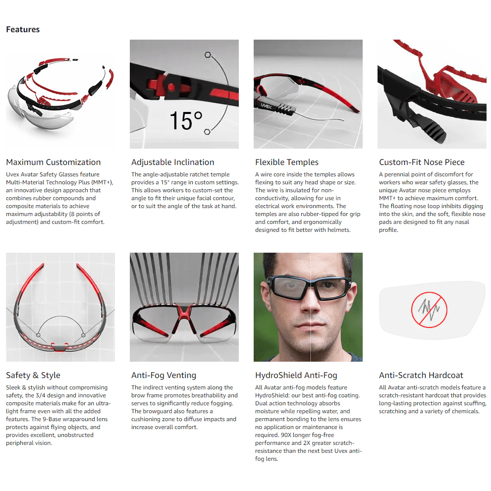 Uvex Avatar Safety Glasses with Black/Black Frame and Gray Hydroshield Anti-Fog Lens - Image 2
